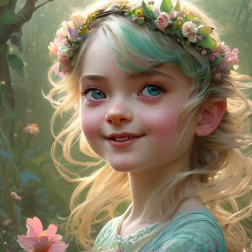 Prompt: alluring highly detailed close-up portrait of beautiful little girl with Light green hair and light blue eyes, smiling wearing a floral outfit and flower crown, very detailed, realistic, by Stanley Artgerm Lau, greg rutkowski, thomas kindkade, alphonse mucha, loish, norman rockwell J