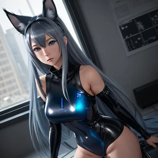 Prompt: An anime girl, (lynx ears )that are (grey),blue leotard latex outfit,long ({dark blue} hair)(midnight blue hair)(fringeless), feeling apathy, concept art, high resolution scan, hd octane render, intricate detailed, highly detailed face, unreal engine, trending on artstation, UHD, 8k, Very detailed,standing on top of a high building, sad, loneliness, full body pose, she has long ({dark blue} hair)(midnight blue hair)(fringeless), pale skin, ([grey eyes] with cat-like iris), (lynx ears )that are (grey), and blue latex leotard outfit, intricate facial detail, intricate eye detail, intricate details,  hyperrealistic full body pose, hyperrealistic ethereal, dark blue and long hair, white lynx ears, sharp jaw, hyperrealistic golden cat eyes , hyperrealistic human nose, hyperrealistic lips, ethereal, divine, hyperrealistic face, hyperrealistic pale skin, intricate eye detail, pale skin, (dark blue latex outfit), fringeless, (forehead showing), highly detailed concept art,  , hd octane, intricate quality, HD, trending on artstation, fringeless, forehead showing ,highly detailed concept art, high resolution scan, hd octane render, intricate detailed, highly detailed face, unreal engine, trending on artstation, UHD, 8k, Very detailed