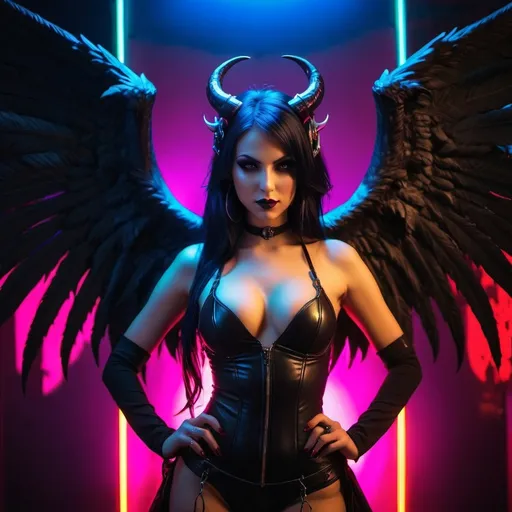 Prompt: BEAUTIFUL WOMAN, SUCCUBI, DEMON, ANGEL, GOTHIC, NEON, VIBRANT, CYPERPUNK, DYNAMIC LIGHTING, DYNAMIC POSING