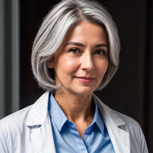Prompt: Female doctor. Lab coat and blue blouse. Grey hair. Soft features. Mid 50s. Realistic face. Photorealism. Full Body. 