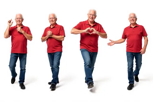 Prompt: photorealistic older male 97d548b1 with short white hair, glasses, red short-sleeve shirt, blue jeans, black sneakers Multiple instances of the same character in different poses on a white background. The character is shown: Dancing: mid-dance move, arms and legs in rhythmic motion, joyful expression. Making a heart shape: hands forming a heart shape in front of the chest, warm smile. Kicking: one leg extended in a kicking motion, arms for balance, determined look. Walking: mid-stride, one foot in front of the other, natural arm swing, casual pose. Background: Clean white background, providing a pristine backdrop. Ample space between poses. Character design consistent across all poses. Arrange poses in a visually pleasing composition across the image.