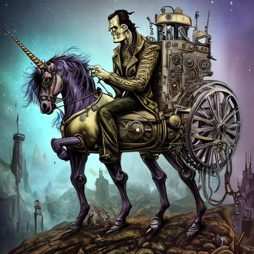 Prompt: Frankenstein on unicorn majestic steampunk 