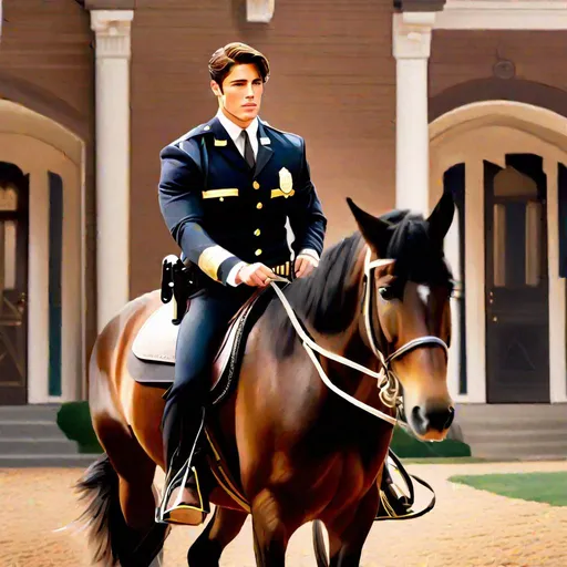 Prompt: Caleb  as a police officer (brown hair) (brown eyes) wearing a tuxedo, full body, riding a horse, pulling back on the reins, making the horse on its hind legs rearing  up, two large doors directly behind him, center, front-facing