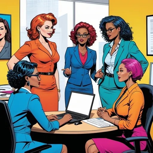 Prompt: Pop art illustration of 4-6 diverse women in their 40s, technology meeting in an office, vibrant colors, comic book style, varied body types, professional attire, diverse hairstyles, modern office setting, retro pop art style, vibrant colors, dynamic poses, technology breakthrough discussion, upbeat atmosphere, high quality, highres, colorful, diverse, retro pop art, vibrant, comic book style, varied body types, professional, modern office, dynamic poses, technology discussion, upbeat atmosphere