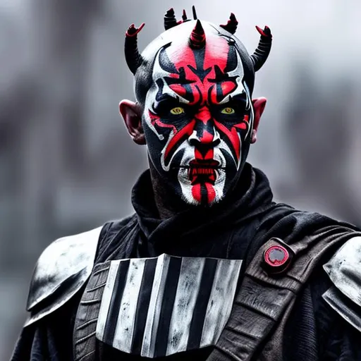 Prompt: tom hardy, darth maul face paint,  silver crown, rams horns, sci-fi armor, black armor