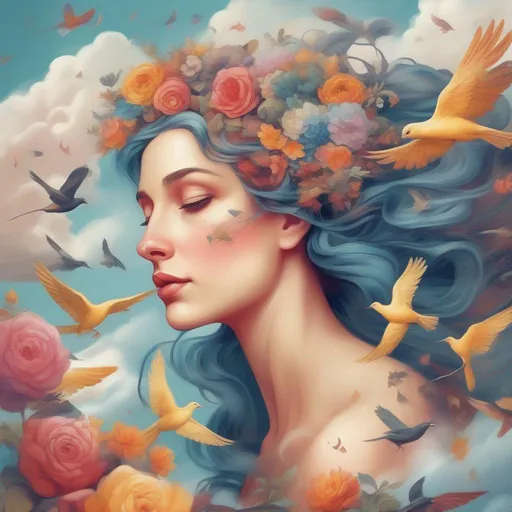 Prompt: A colourful and beautiful Persephone, with her hair being made out of clouds, with birds in flight around her in a painted style