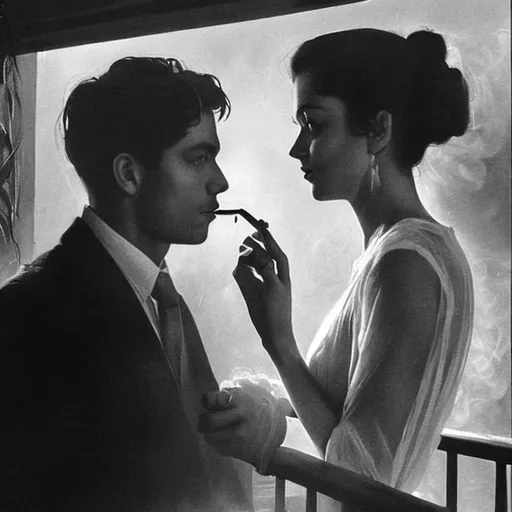 Prompt: The woman standing next to the man has one hand on the balcony railing and the other hand is slightly touching the man's shoulder. Their eyes are fixed on each other with a deep sense of longing and regret. 

The moonlight illuminates their pale faces creating shadows that add depth to the picture. The smoke from the cigarette adds to the surreal aura of the moment creating a misty haze around them. 

In the background the city skyline can be seen with its twinkling lights. The balcony is decorated with flowers and candles adding to the romantic ambiance. 

Despite their distance now it's clear that the two still harbor feelings for each other as they share this one last moment. The picture captures the beauty and sadness of lost love leaving a haunting and melancholic impression on the viewer.