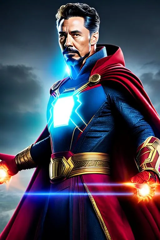 Prompt: High-resolution hyperrealistic photo of sorcerer-supreme dr strange merged with iron-man armour, blue, and gold armour, red cape uhd, hdr, 64k
