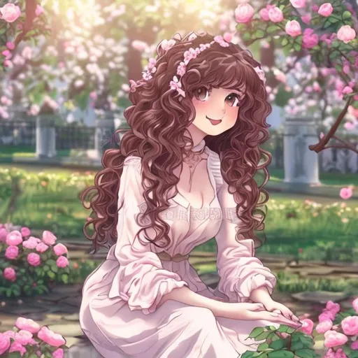 Prompt: A beautiful girl sitting in beautiful rose garden she has curly wavy hairs in anime style