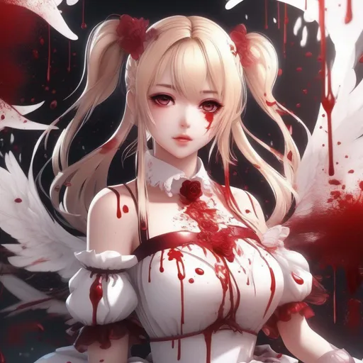 Prompt: 3d anime woman covered in blood blonde pigtails hair and white dress covered in blood and beautiful pretty art 4k full HD