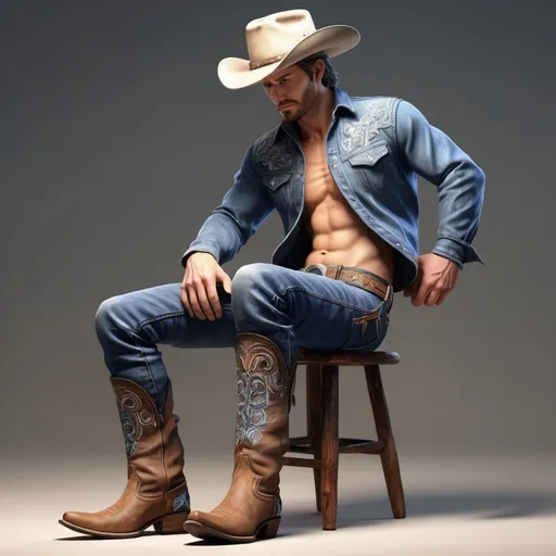 Prompt: Cowboy Makes His Blue Jeans Talk, beautiful face, perfect hands, western boots, facing away from viewer, trending on artstation, sharp focus, studio photo, intricate details, highly detailed, by greg rutkowski 