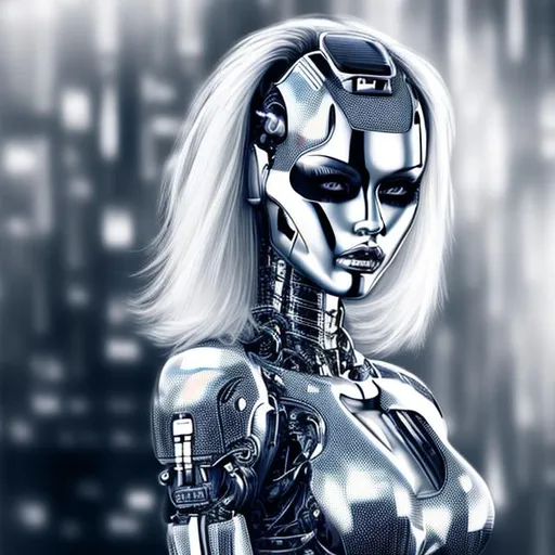 Prompt: Sexy, feminine, chrome robot, UHD, Hyper realistic, 8K, Photo, H. R. Giger landscape background, cyborg, female, attractive, Hajime Sorayama style robot woman, monochrome,