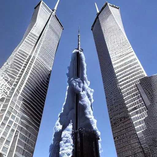 Prompt: alien mothership runs into twin towers hyper real
