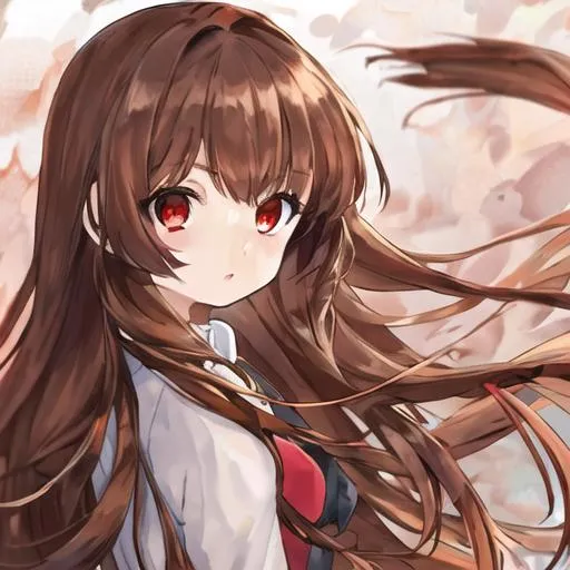 Prompt: Girl, Cute, Brown Hair, Red Eyes, Long Hair, Looking at Camera