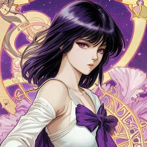 Prompt: High quality HD 8k detailed sailor saturn in Alphonse Mucha x Manhwa artstyle