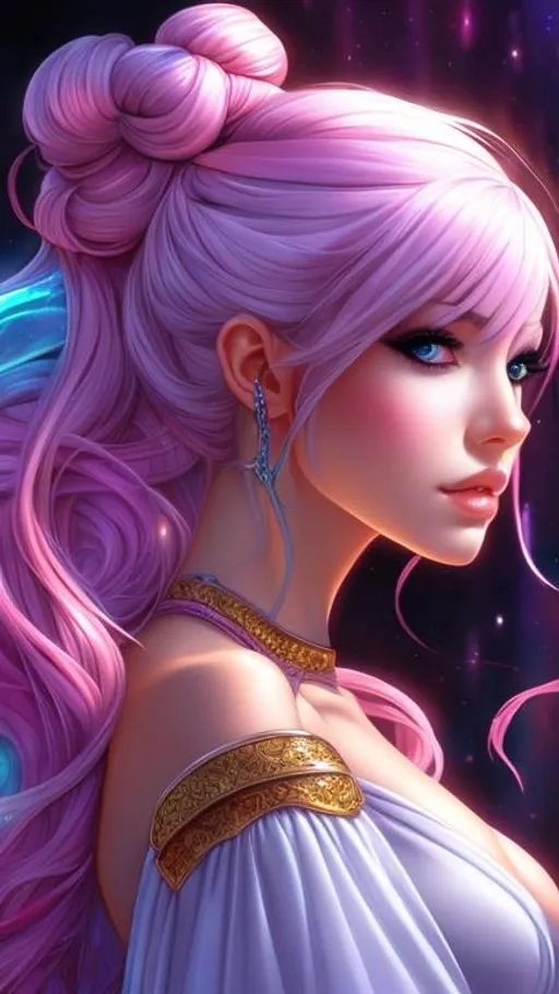 Prompt: A beautiful woman with mystical presence and fantastical aura, side face view, bright colours, high resolution, anime fanart, UHD, high detail