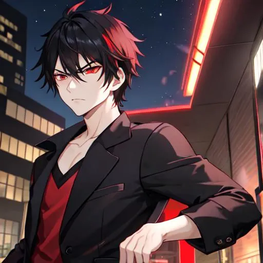 Prompt: Damien (male, short black hair, red eyes) in the park at night, casual outfit, midnight, angry, stern look on his face