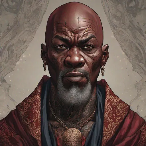 Prompt: Portrait of bald, African wizard. Heavily tattooed scalp, dark red robes. Glaring angrily at the camera. Mid-body shot, highly detailed, character illustration, 8k.