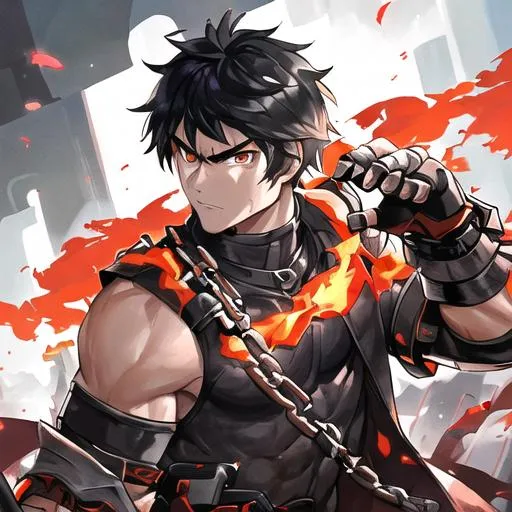 Prompt: man with a single large metal arm starting from his shoulder with fire coming from the palm of his hand is standing in a fighting pose, he has short black hair and brown eyes, he is muscular, he is not wearing a shirt, he is wearing, he has an evil look on his face