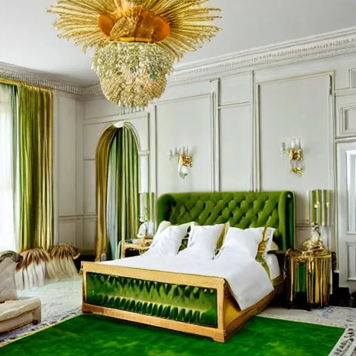 Prompt: art deco room, white walls, chandalier, green and gold tufted furniture