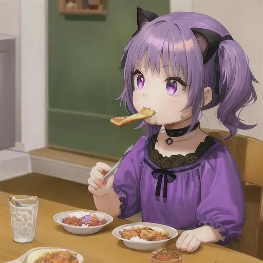 Prompt: little girl, purple hair , cat,  eating food


