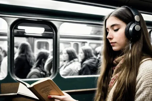 Prompt: vintage girl with a long hair reading a book on a train crowded by people listening to music by headphones on, many people standing and using phones around her, people taking pictures of her, realism, night, low light, 8k, focus, beautiful pretty girl, people standing around a standing girl with opened eyes, side camera, opened eyes
