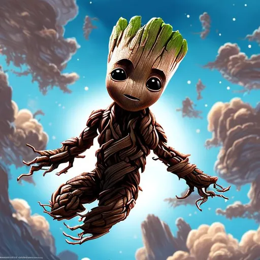 Prompt: Baby groot falling from the sky digital art 