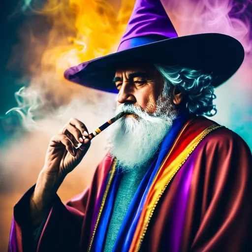 Prompt: mystical wizard, old wizard, colorful, vibrant, smoking, smoke, high quality hands, pointy wizard hat, best 8k quality, symmetrical, fully body image, high quality fingers, mystical aura, writing book, book and quill, writing while smoking