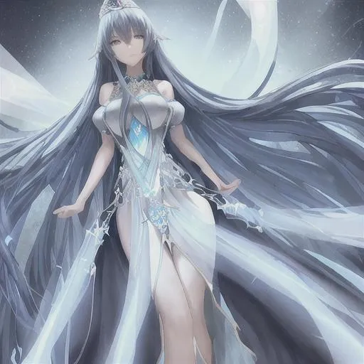 Anime queen with long white hair, blue eyes and tanned skin