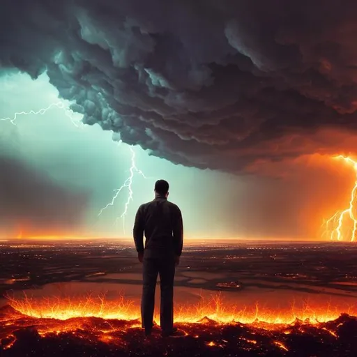 Prompt: A mysterious man behind him is a city on fire after a nuclear bomb fell on it - black clouds - lightning storm