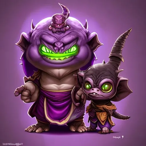 Prompt: cute purple monk grung warlock with imp