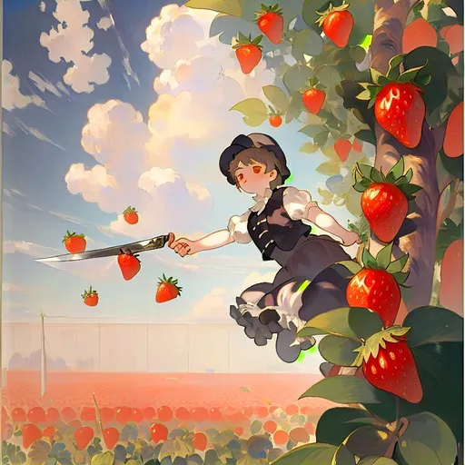 Prompt: a Renoir's styled canvas of strawberries floating in a sky escaping the Knife police