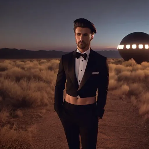 Prompt: make a cinematic photo of an attractive long-haired young man with a six pack abs wearing a crop top black long sleeve closed buttoned up tuxedo with a bowtie, black tuxedo pants, and a bare midriff, he also has an exposed belly button, he spots a ufo at nighttime, panavision camera, camera stock, kodak stock, 2k, highly detailed, award winning, full color, beautiful composition, intricate, aesthetic, unreal engine, hyperrealistic, concept art, octane render, masamune shirow