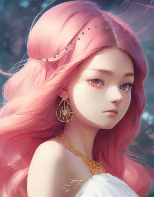 Prompt: Closeup face portrait of a {person}, smooth soft skin, big dreamy eyes, beautiful intricate colored hair, black false eye lashes, white pearls in her hair, gold necklace, symmetrical, red earring, anime wide eyes, soft lighting, detailed face, by makoto shinkai, stanley artgerm lau, wlop, rossdraws, concept art, digital painting, looking into camera