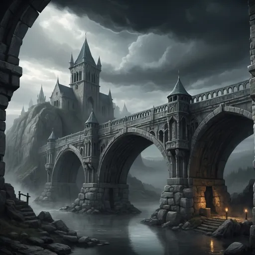 Prompt: Warhammer fantasy RPG style illustration of a grand bridge over River Reik, medieval fantasy setting, colossal stone architecture, detailed stonework with intricate carvings, ominous atmosphere, looming dark clouds, dramatic lighting, foggy mist, high quality, detailed illustration, medieval fantasy, epic scale, ominous atmosphere, dramatic lighting