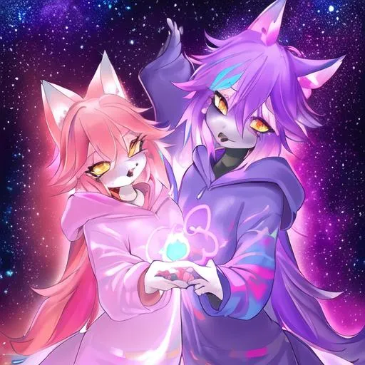Prompt: A dreamlike state of color pastel high contrast of an anthro fursona adult female furry red fox wearing a purple cozy hoodie with constellations adorning the sleeves who's vertices are rainbow and shimmering in the light, main color red and blue, surface like an oil spill,  high detail, full animal, artstation, splash of color, dynamic lighting, cat nose, colorful