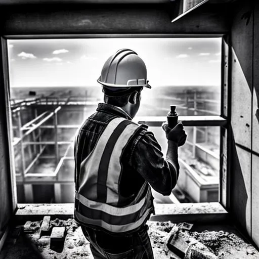 Prompt: A photo of construction worker drink a cup of coffee from the edge of the building that under construction, landscape view, black and white, realistic, 4k, uhd, ultra wde.