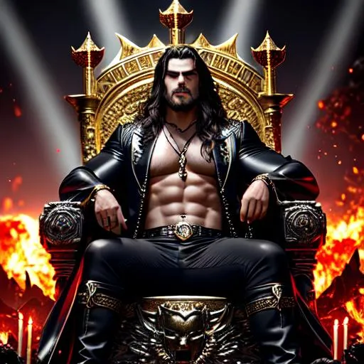 Prompt: Jason Mamoa as a Bloody Vampire demon king sitting in his throne, Highly Detailed, Hyperrealistic, sharp focus, Professional, UHD, HDR, 8K, Render, HD, Trending on ArtStation, Front view, Canon, 24mm, Sun rays, dark, gray, Hell, gold, Lucifer, close up, blood, bloody
