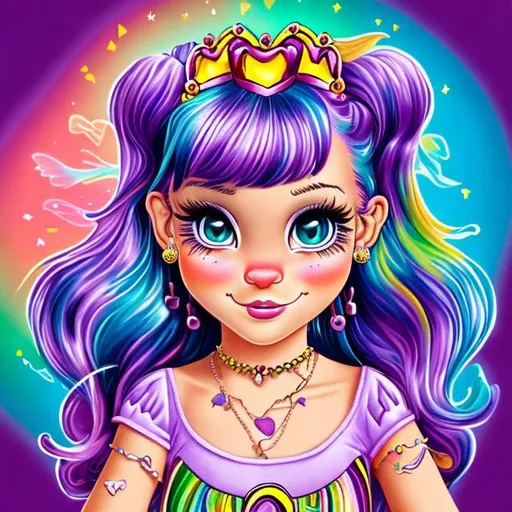 Prompt: Lisa frank style princess with purple hair and a sweet face
