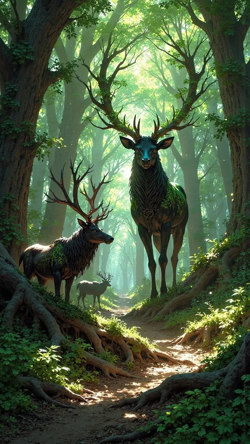 Prompt: ((magical creature)). ((grass elk)).  ferocious, magic aura and particles. ((adult elk)) lots of elks huge giant towering grass green magic elk
 
forest green leaves overgrown, ((wide length camera)), long distance , long shot, left side angle, wide depth of field. film grain, film textures. 