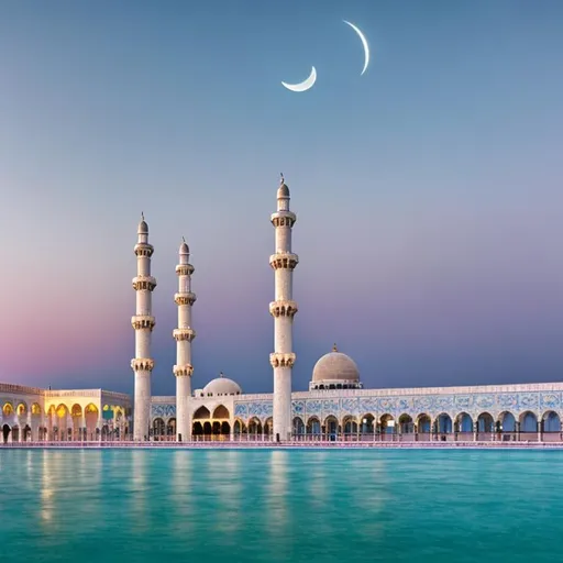 Prompt: Ocean surface as ground, a beautiful white marble grand mosque on clouds in the sky, night sky with Crescent moon shining extremely bright in background, with pink-blue color theme, 4k, 8k, HDR, Photorealistic, realistic