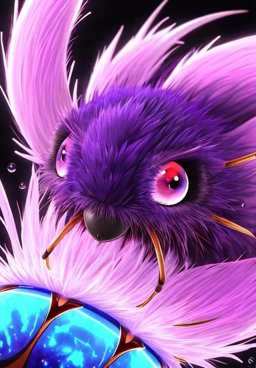 Prompt: UHD, , 8k,  oil painting, Anime,  Very detailed, zoomed out view of character, HD, High Quality, Anime, Pokemon, Venonat is an insect Pokémon with a spherical body covered in purple fur and two purple & pink compound eyes. The fur releases a toxic liquid and it spreads when shaken violently off their bodies. A pink pincer-like mouth with two teeth, stubby forepaws, and a pair of two-toed feet are visible through its fur. Its limbs are light tan. There is also a pair of white antennae sprouting from the top of its head. However, the most prominent feature on its face are its large, red compound eyes. Venonat's highly developed eyes act as radar units and can shoot powerful beams.

Venonat can be found in dense temperate forests, where it will sleep in the hole of a tree until nightfall. It sleeps throughout the day because the small insects it feeds on appear only at night. Both Venonat and its prey are attracted to bright lights.

Pokémon by Frank Frazetta