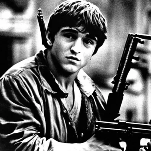 Prompt: teenage robert de niro as scarface with  a machine gun and cocaine