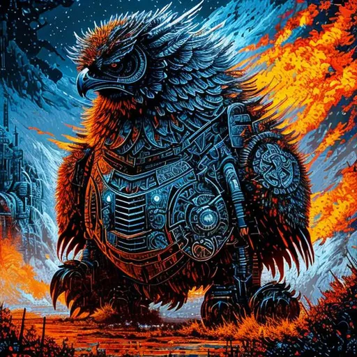 Prompt: Metal Owlbear construct robot, Julia Voth, By Dan Mumford, By James Gurney, By Russ Mills, ascii art, Gothic Noir, 8 bit, Pixel art, Borderlands: Oil splash!! Oil stained!!", intricate hyperdetailed fluid gouache illustration, fluid 