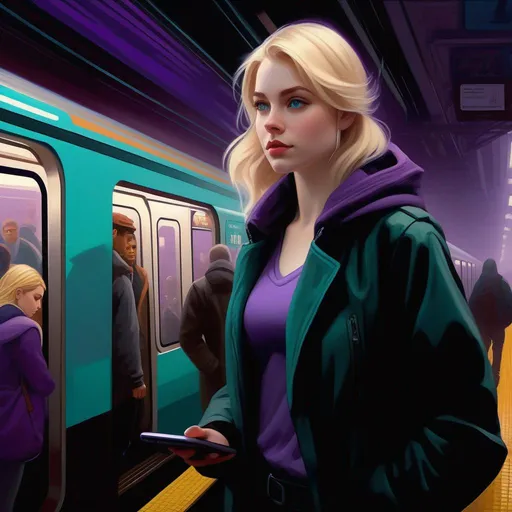 Prompt: Third person, gameplay, Finnish girl, pale skin, blonde hair, teal eyes, 2020s, smartphone, NYC subway station, foggy, dark purple atmosphere, cartoony style, extremely detailed painting by Greg Rutkowski and by Henry Justice Ford and by Steve Henderson 