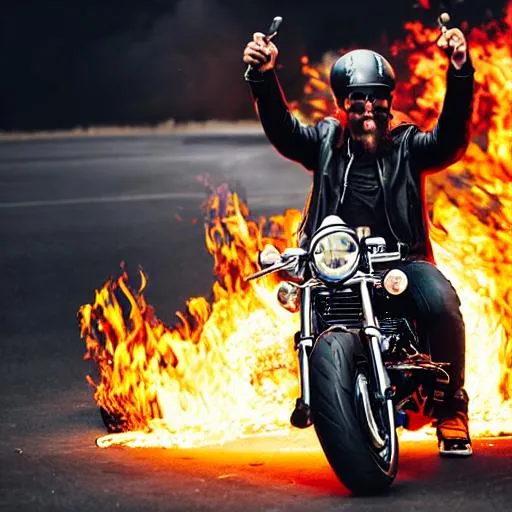 Prompt: a cool, pumped-up biker in black glasses on a motorcycle, a leather jacket, with a bottle of beer in his hand, everything is on fire
