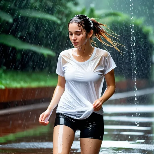 Prompt: photo of young woman, soaking wet clothes, tights, tights, white t shirt,  , rain,   enjoying, water dripping from clothes, clothes stuck to body,  detailed textures of the wet fabric, wet face, wet plastered hair,  wet, drenched, professional, high-quality details, full body view.