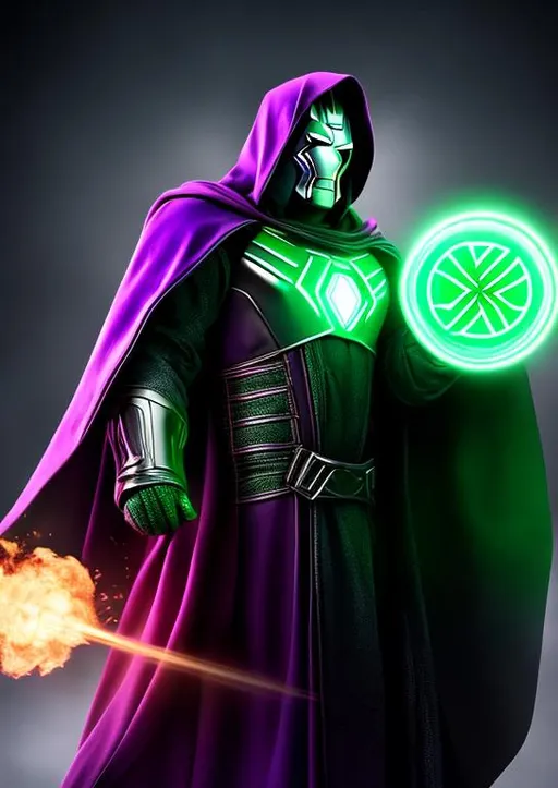 Prompt: High-resolution hyperrealistic photo of doctor doom victor von doom merged with kang the conqueror nathaniel richards,, purple and green and grey costume, uhd, hdr, 64k
