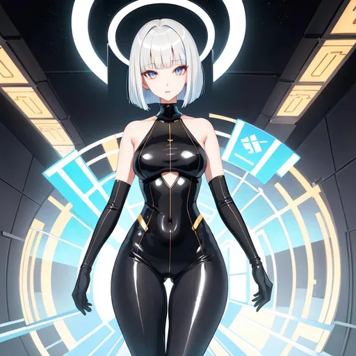 Prompt: a lonely AI girl, very tall, thick thighs, wide hips, long legs, slender waist, big symmetrical eyes, aloof expression, bob haircut with bangs, wearing Gucci fashion, 12K resolution, hyper quality, hyper-detailed, depth of field