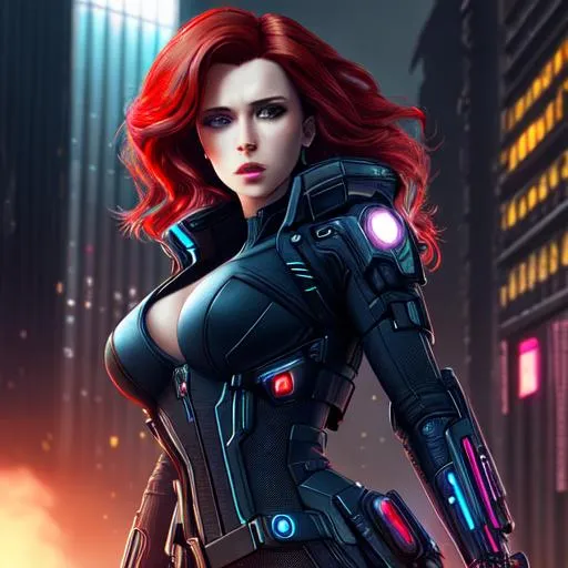 Prompt: Cyberpunk as Black Widow, beautiful photograph of most beautiful fictional, extremely, detailed environment, detailed background, intricate, detailed skin, natural colors , professionally color graded, photorealism, 8k, moody lighting.
